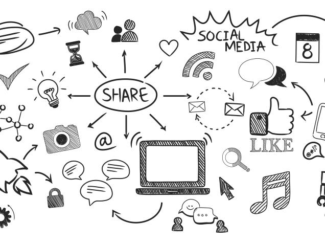 Illustration représentant la communication digitale et la diffusion de contenus en ligne via les réseaux sociaux, les échanges et les interactions numériques.